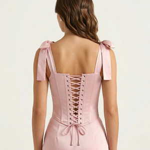 Top Corset de Satén Rosa de Lujo con Detalle de Perlas y Tirantes de Lazo, Corsé Ajustado para Mujer, Ideal para Fiestas - Product Image 2