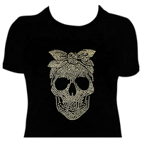 Transfer Rhinestone Hotfix Emas Custom Motif Tengkorak untuk Merek Fashion Pasar Eropa