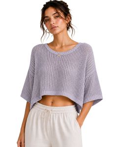 Pull court en tricot ample pour femme, couleur lavande, manches courtes, léger et respirant, idéal pour l'été, style décontracté et tendance - Product Image 1
