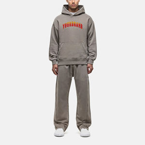 Nuevo Conjunto Deportivo de 2 Piezas para Hombre, Sudadera con Capucha y Pantalones Acampanados, Color Sólido con Estampado de Letras, 100% Algodón, Corte Holgado Informal - Product Image 1