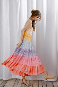 Vestido Maxi de Fiesta Formal Elegante para Otoño, Vestido de Mujer de Poliéster/Algodón con Estampado Tie-Dye Arcoíris, Corte A, Transpirable, Escote Redondo - Product Image 5