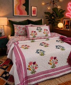 Handmade Block Printed Luxury Floral Cotton Quilt King Size <b>Comforter</b> Reversible Bedspread Set 3-Piece All-Season Pillow Covers - Product Image 1