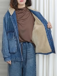 Veste en jean délavé pour femme avec capuche, coupe ample, style décontracté, en coton, style automne, couleur unie, boutonnage frontal - Product Image 2