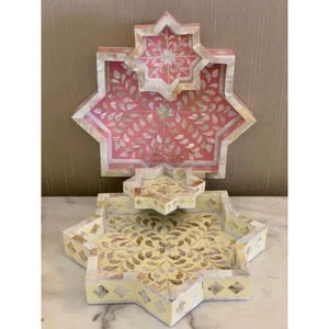 Handcrafted black <b>floral</b> bone inlay round tray set with incense holder <b>box</b> luxury home decor gift serving accent - Product Image 5