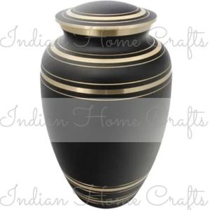 Urna Funeraria de Latón Gris Oscuro, Recipiente Conmemorativo Ovalado para Cenizas con Bandas Doradas - Artesanía India - Product Image 2