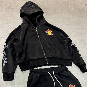 Sweat à capuche d'hiver pour homme, personnalisé OEM, décontracté, effet vieilli, légèrement délavé, vintage, avec manches côtelées imprimées et strass brodés - Product Image 3