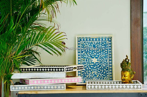 Handmade Bone Inlay Floral <b>Tray</b> Sky Blue Resin Wood Storage <b>Tray</b> Rectangular Home Decoration Gifting Kitchen Use Metal Material - Product Image 5