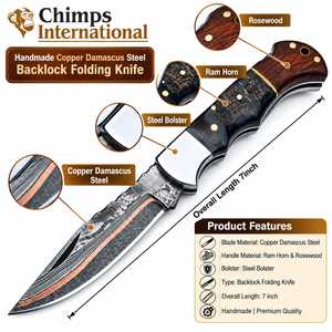 Cuchillo de Bolsillo de Acero Damasco Cobre Edición Limitada Hecho a Mano con Mango de Madera y Cuerno de Carnero, Cuchillo Plegable OEM para Caza e Industria - Product Image 5