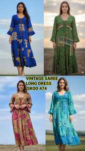 Vestido Largo Estilo Boho Vintage para Mujer, Cuello en V, Manga Larga, Estilo Saree Sedoso, Decoración de Encaje con Volantes, Estampado Floral, para Fiesta de Verano - Product Image 2