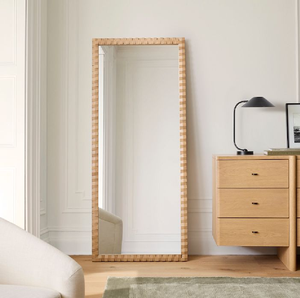 Minimalist tall arched floor mirror crafted with a textured <b>light</b> <b>wicker</b> frame, available at wholesale prices. - Product Image 2