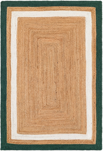 Alfombra Rectangular Hecha a Mano de Yute Natural con Borde Verde y Blanco, Ecológica, para Sala de Estar Estilo Rústico - Product Image 2