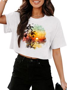 Women Fashion Crop <b>Top</b> Crew Neck Graphic Tee Short Sleeve Shirt Wholesale Supplier - Product Image 2