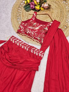 Ensemble de sari sirène élégant en satin et dentelle rouge, deux pièces avec dupatta, pour femme, toutes saisons, tenue ethnique, mariage, fête, séchage rapide - Product Image 4