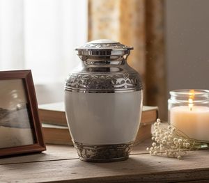 Trending Classic Urn with Silver Floral Accents Round Handmade Sympathy Decorative <b>Jar</b> Crackled Glaze Traditional Style - Product Image 2