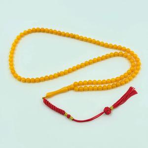 Chapelet de prière de luxe fait main, motif géométrique religieux jaune, perles rondes polies, pompon rouge, pour usage spirituel du Ramadan - Product Image 4