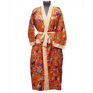Kimono Largo Estilo Textil Indio, Suave y Transpirable, de Algodón, Cuello en V, Casual, Manga Tres Cuartos, Estampado Animal/Floral, para Mujer - Product Image 1