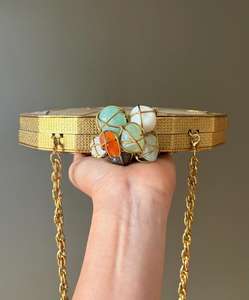 Pochette de soirée artisanale en acajou naturel avec nacre et pierres précieuses dorées pour mariée - Product Image 2