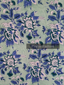 Block printed cotton Mint <b>Green</b> base with Indigo Blue and White floral accents. - Product Image 5