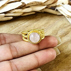 Trendy Rose Quartz <b>Rings</b> Boho Brass Band Jewelry for Women 18k <b>Gold</b> Plated Antique Tribal Twist Halo Design for Wholesale/OEM - Product Image 4