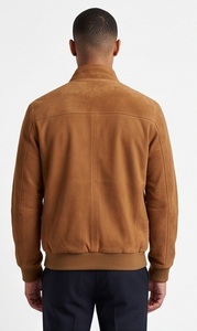 Wholesale <b>Men</b> <b>Suede</b> Varsity Bomber <b>Jacket</b> Tan Stand Collar Flight Coat Custom Slim Fit Ribbed Trim Eco-Friendly Windproof Satin - Product Image 5