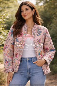 Indian Handmade Pink Cotton Quilted <b>Jacket</b> Kantha Stitch Winter Coat Floral Print Boho Short Cardigan Vintage Reversible <b>Blazer</b> - Product Image 3