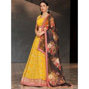 Yellow <b>Sequins</b> Georgette Haldi Wear Lehenga Choli for Women - Product Image 6