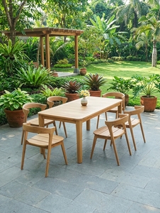 Ensemble de salle à manger d'extérieur en teck massif de qualité supérieure, table rectangulaire aux coins arrondis avec 6 chaises Hiro - Product Image 1