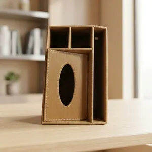 Caja de pañuelos de madera con apertura ovalada y compartimentos de almacenamiento para organizar el escritorio - Product Image 6