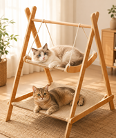 Hamac pour chat à double couche, structure en bois robuste, hamac pour chat à 2 niveaux, housse lavable, lit pour animaux à double couche, lin à double couche