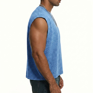 Camiseta sin mangas prémium de algodón de 180 g/m² de alto gramaje, transpirable, con lavado ácido, azul cielo vintage, lavado mineral, corte holgado, estilo streetwear - Product Image 2