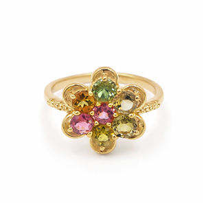 Anillo de Plata de Ley 925 con Turmalina Multicolor, Siete Piedras en Forma de Flor, Inspirado en la Flor Ixora, Chapado en Oro y Rodio - Product Image 5