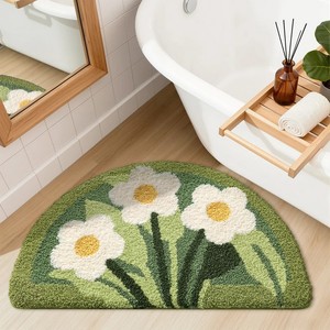 Alfombra de Baño Floral Semicircular de Algodón con Estampado de Flores, Base de Goma Antideslizante, Estilo Pastoral para Uso Doméstico - Product Image 1