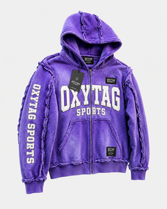 Sudadera con capucha morada de cierre de cremallera para hombre, de peso pesado, con lavado ácido, efecto desgastado, borde sin rematar, estilo streetwear, con apliques y estampado en relieve, de fabricante personalizado - Product Image 6