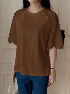 Trendy Brown Raglan Sleeve T-Shirt Elegant Hollow Out Eyelet Women's Shirts Embroidered Lace Panel Crew Neck Custom Logo Blouse - Product Image 5