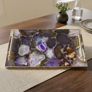 Plateau de service rectangulaire en agate rose fait main avec poignées en métal doré, décoratif, pour cuisine, table basse, présentation de luxe - Product Image 4