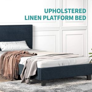 Mecor Queen <b>Platform</b> <b>Bed</b> <b>Frame</b> with Upholstered Linen Headboard Strong Wood Slats Support Easy Assembly - Product Image 3