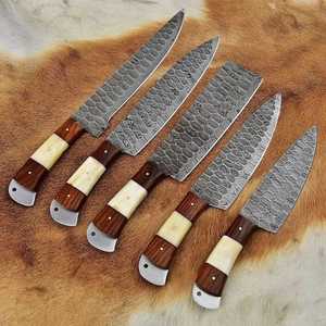 Damascus Steel Knife Set 5-Piece Wood Handle Chef Knives Polished Blade Straight Edge Ambidextrous Kitchen Cutlery - Product Image 1