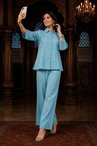 Conjunto de Camisa de Algodón Azul Claro y Pantalones Palazzo para Mujer, Estilo Étnico de India y Pakistán, Corte Regular, Largo hasta el Tobillo, para Todas las Temporadas - Product Image 3