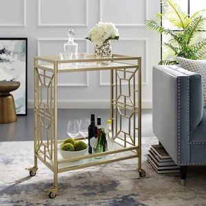 Stylish Gold Finish Iron Bar <b>Trolley</b> with Glass Shelves Rolling <b>Serving</b> Cart Home Kitchen Dining Beverage Organizer and Display - Product Image 2