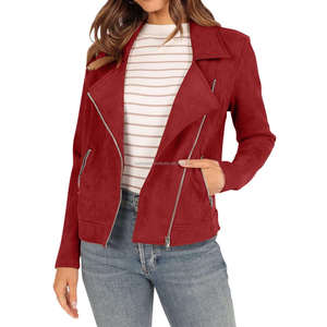 Veste moderne vintage rouge en daim style motard pour femme, fermeture à glissière asymétrique, col à revers, manches longues, coupe courte et respirante pour moto - Product Image 3