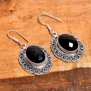 Faceted <b>Black</b> Onyx Filigree <b>Dangle</b> <b>Earrings</b> Handmade Sterling Silver Vintage Boho Jewelry Gift For Women - Product Image 3