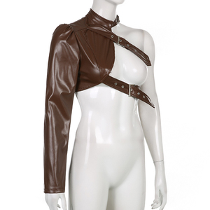 Chaqueta Asimétrica de Piel Sintética con Cuello Alto, Manga Larga, Cierre de Cinturón Cruzado, Chaqueta Corta de Moda Otoñal para Mujer - Product Image 5