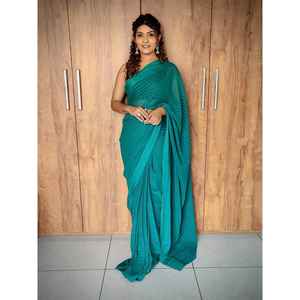 Sari prêt-à-porter tendance vert RV Creation non cousu avec doublure élégante en tissage Zari 600g pour robes de cocktail - Product Image 6