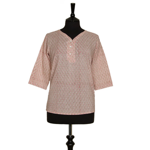 SALE Mid Length Kurta <b>Top</b> Style 11 Beige with Coral Motif <b>Women</b> <b>Top</b> Indian <b>Top</b> Patterned <b>Top</b> Hand Printed V-neck <b>Long</b> Sleeve <b>Top</b> - Product Image 1
