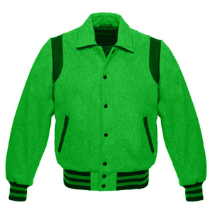 เสื้อแจ็คเก็ตบอมเบอร์ขนสัตว์สีเขียวขายส่ง แขนหนังสีทอง สำหรับผู้ใหญ่และเด็ก ผ้าบางสำหรับฤดูหนาว สไตล์วิทยาลัย ขายเป็นชิ้นเดียว - Product Image 3