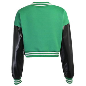 Green Varsity <b>Jacket</b> Women <b>Short</b> Length Full <b>Sleeve</b> Button Up Crew Neck Solid Color Autumn Casual Outerwear - Product Image 4