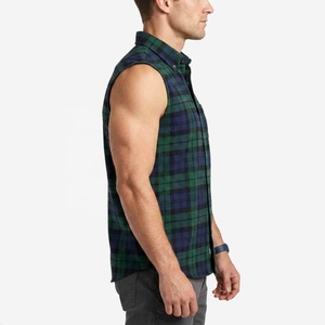 Chemise sans manches en flanelle à carreaux pour homme, coupe ample, avec logo personnalisé, boutonnée, décontractée, en coton, motif vert et bleu, T-shirt pour homme - Product Image 4