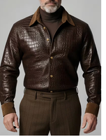 Veste en cuir PU marron pour homme, effet crocodile, col rabattu, bouton unique, coupe ajustée, style moto, vêtement d'hiver pour homme, effet croco