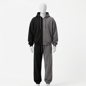 Unisex Color Blocking Hooded Sweatshirt Jogging Pants Set Full Sleeve Zipper Fly Regular Fit 100% Cotton Eco-Friendly Tracksuit - Product Image 1