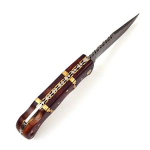 Couteau pliant en acier Damas forgé à la main, manche en bois de rose, étui en cuir, couteau de poche EDC pour la chasse et le camping - Product Image 3